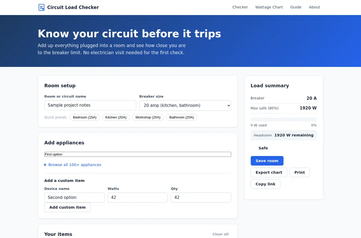 Screenshot of Circuit Load Checker — Plan Your Room's Electrical Load Before the Breaker Trips interface showing the project page in use